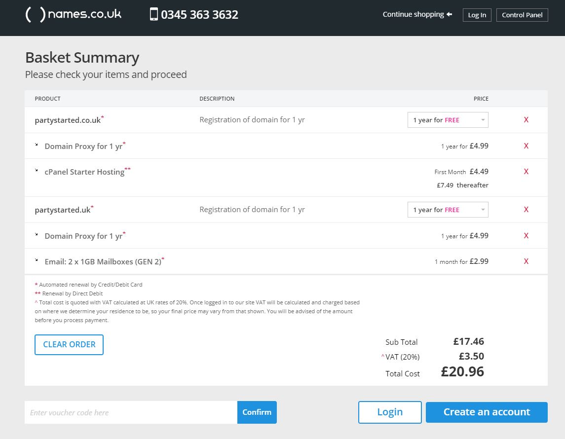 Namesco order process basket summary